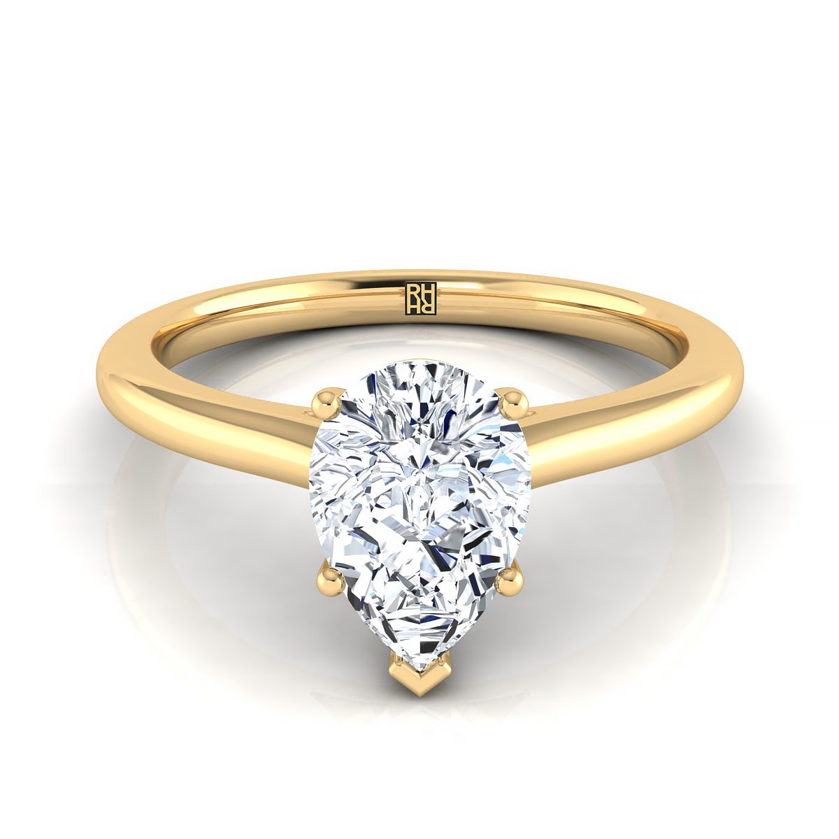 แหวนหมั้นเพชรสีเหลืองทอง 14K รูปทรงลูกแพร์ตรงกลาง Pinched Comfort Fit Claw Prong Solitaire Engagement Ring