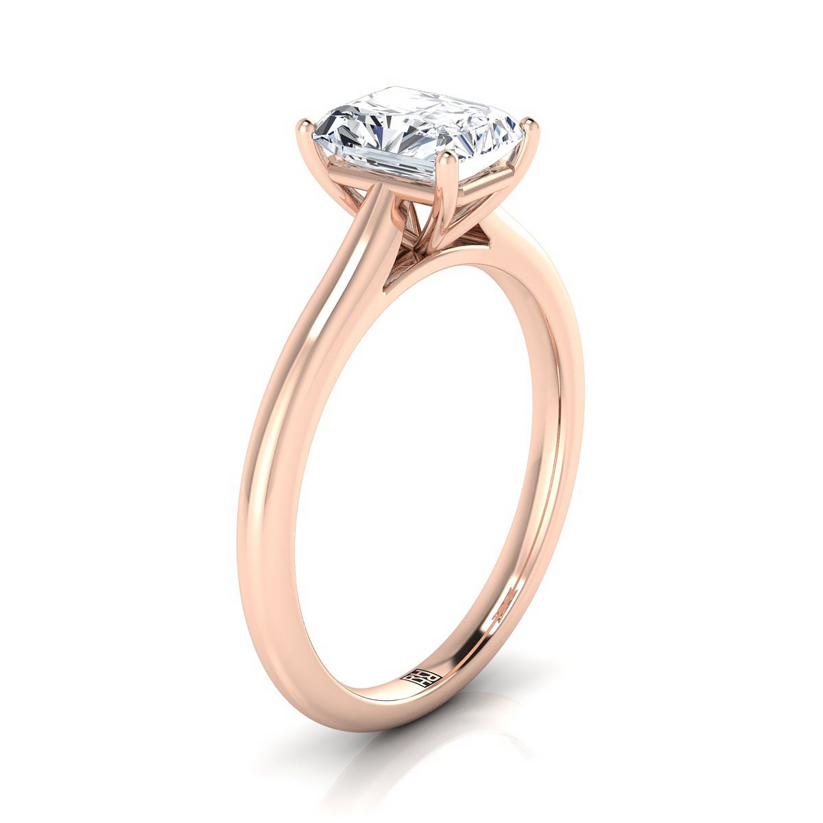 แหวนหมั้นเพชร 14K Rose Gold Radiant Cut Center Pinched Comfort Fit Claw Prong Solitaire