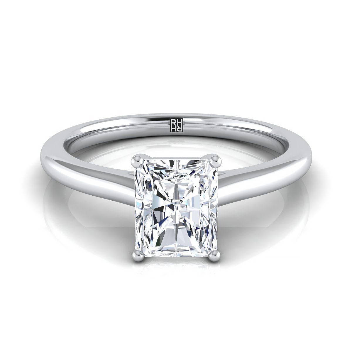 แหวนหมั้นเพชร 18K White Gold Radiant Cut Center Pinched Comfort Fit Claw Prong Solitaire