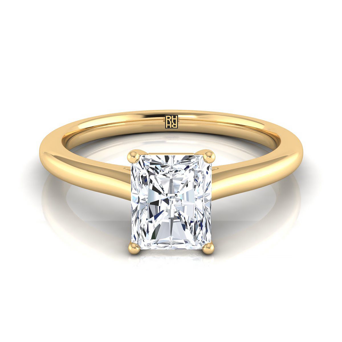 แหวนหมั้นเพชร 18K Yellow Gold Radiant Cut Center Pinched Comfort Fit Claw Prong Solitaire