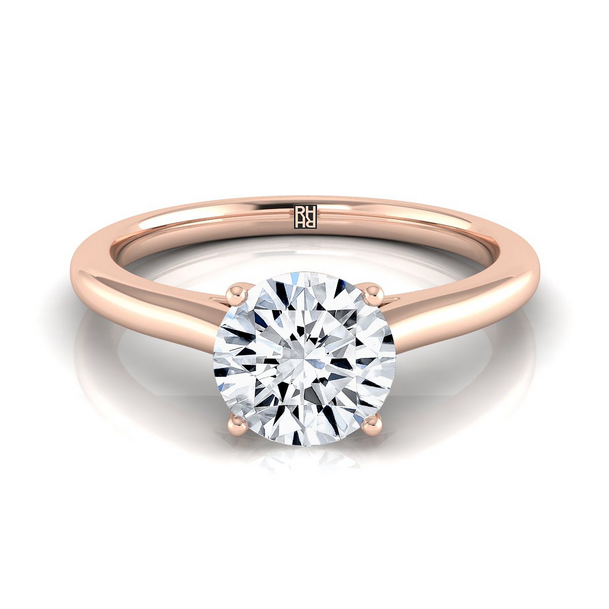 14K Rose Gold Round Brilliant Pinched Comfort Fit Claw Prong Solitaire แหวนหมั้น