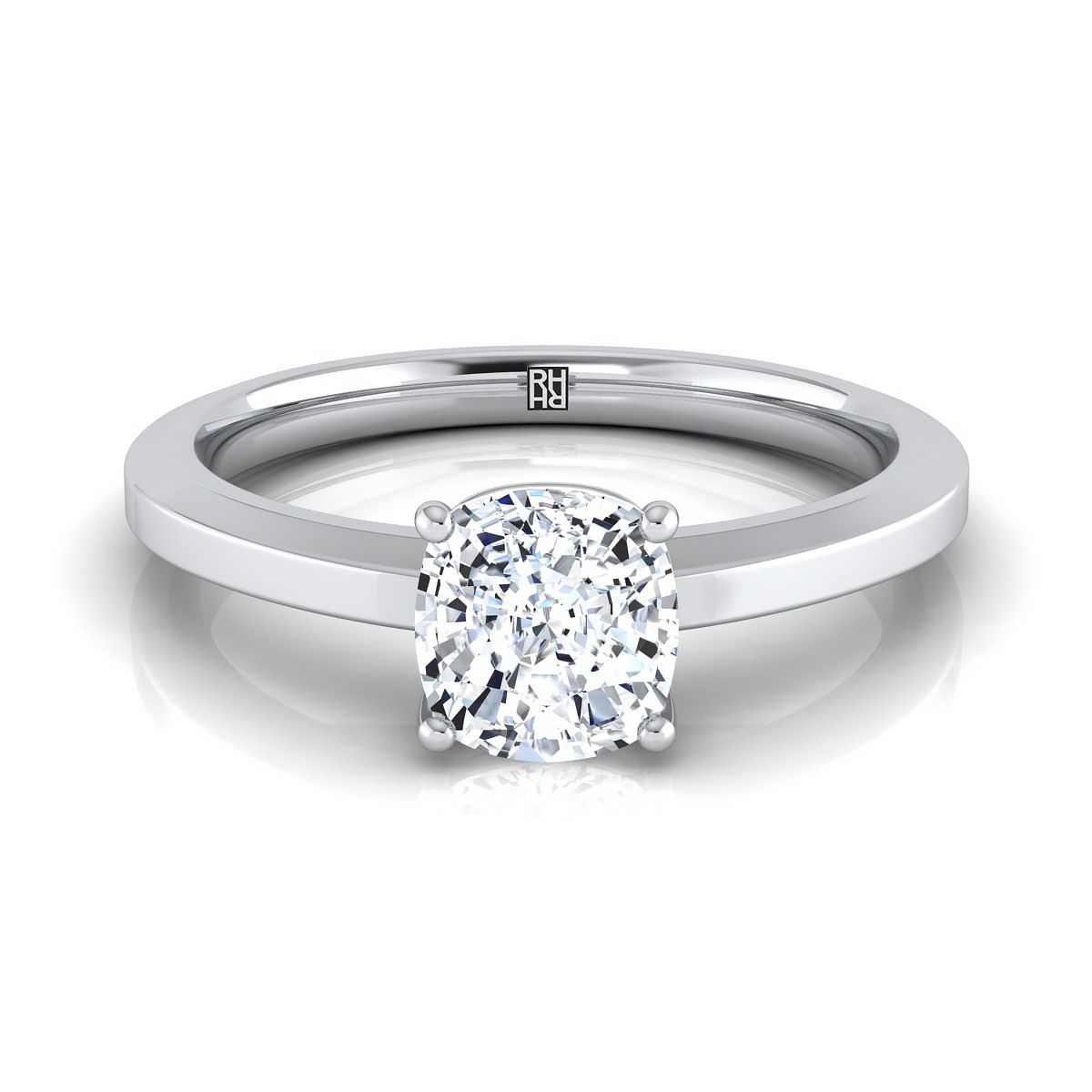 18K White Gold Cushion  Beveled Edge Comfort Style Bright Finish Solitaire Engagement Ring