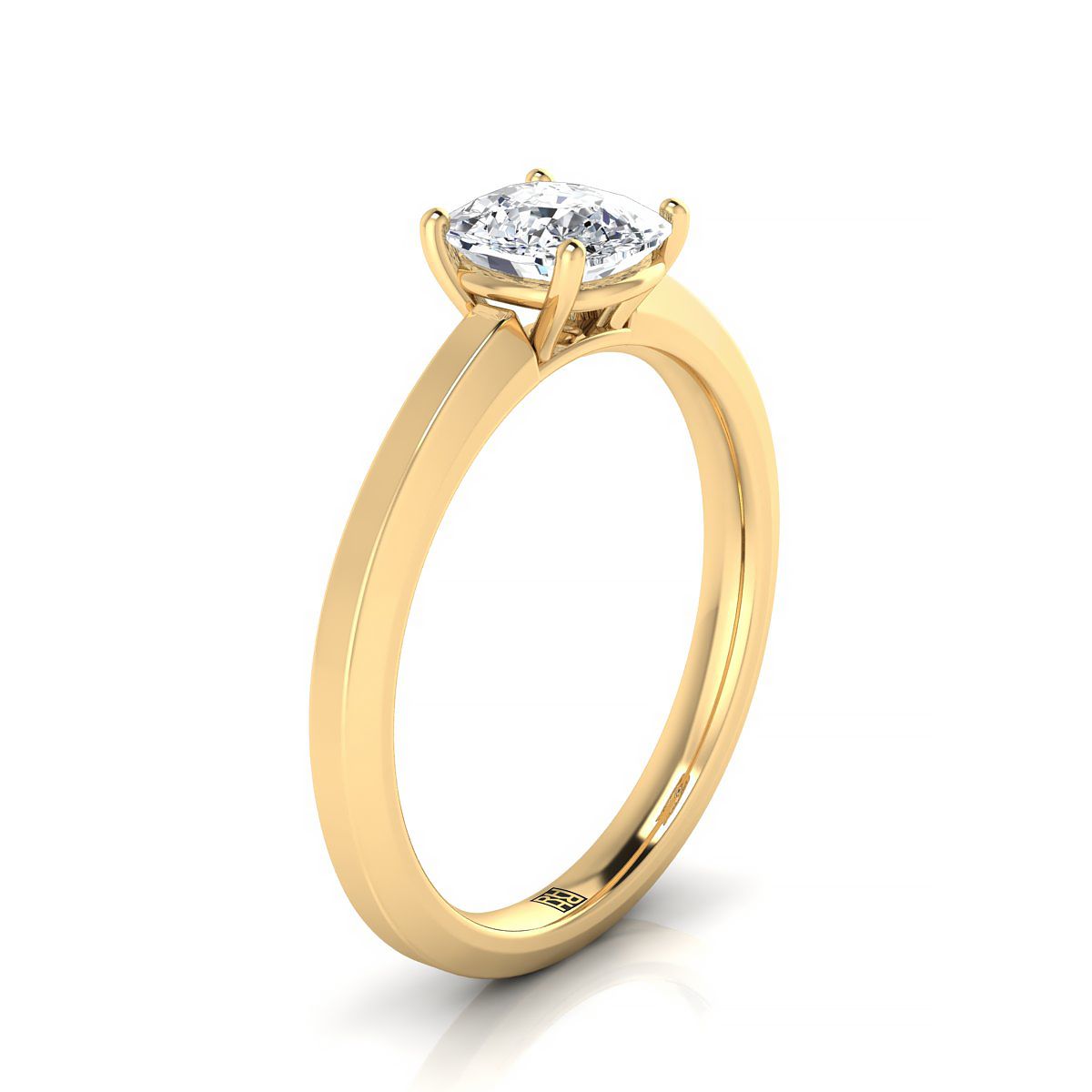 18K Yellow Gold Cushion Beveled Edge Comfort Style แหวนหมั้นเล่นไพ่คนเดียวผิวสว่างสดใส