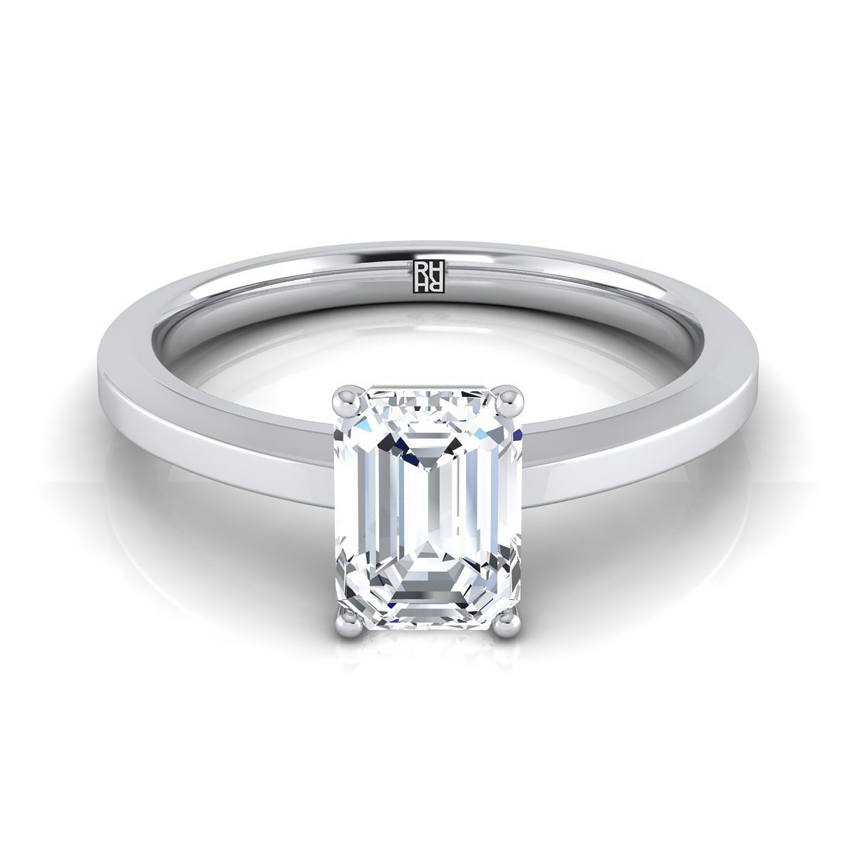 14K White Gold Emerald Cut Beveled Edge Comfort Style Bright Finish Solitaire Engagement Ring