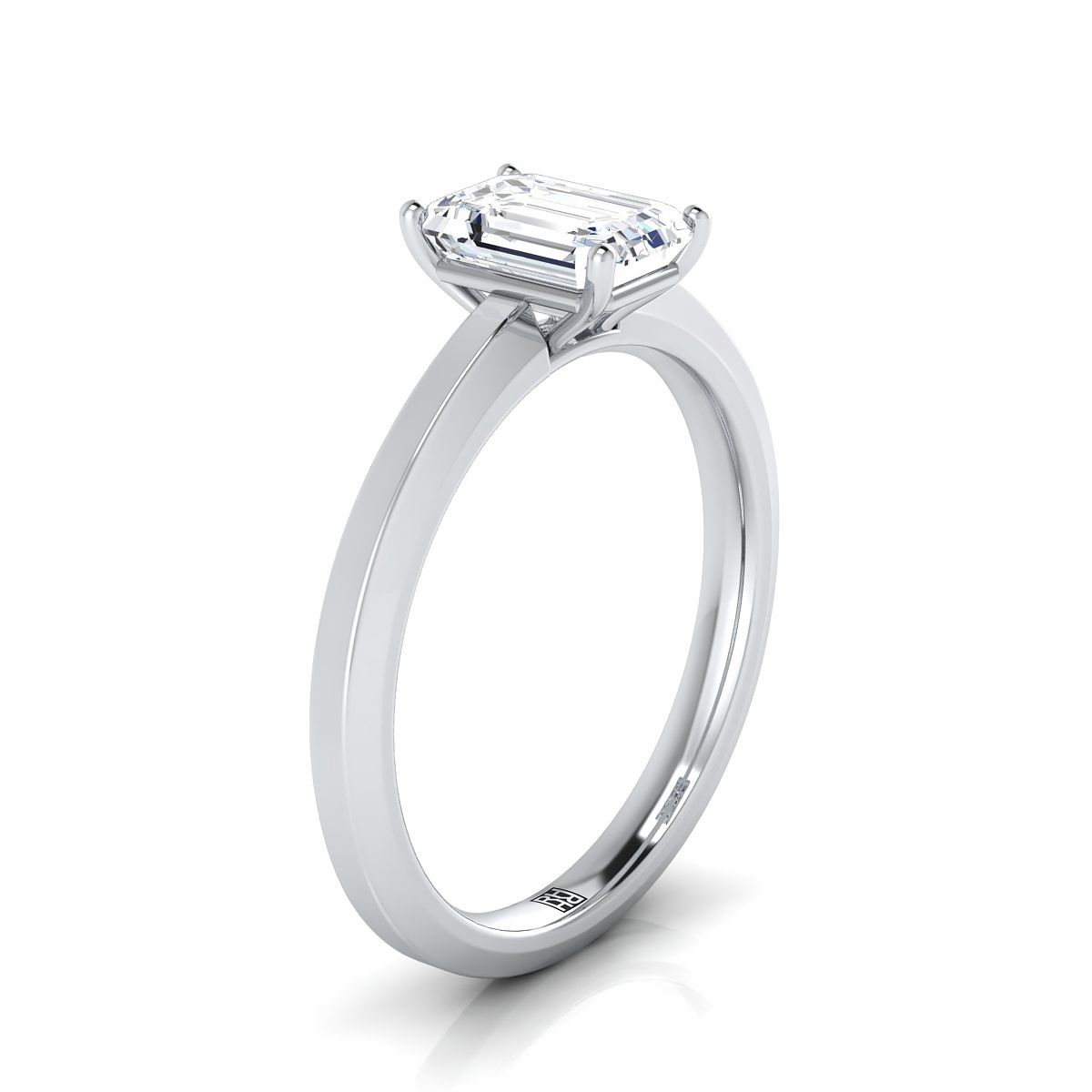 14K White Gold Emerald Cut Beveled Edge Comfort Style Bright Finish Solitaire Engagement Ring