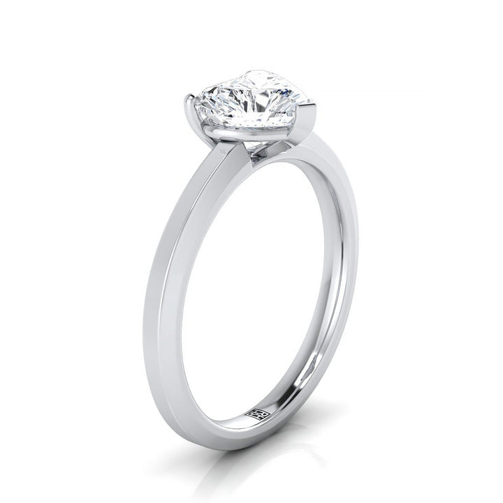 18K White Gold Heart Shape Center  Beveled Edge Comfort Style Bright Finish Solitaire Engagement Ring