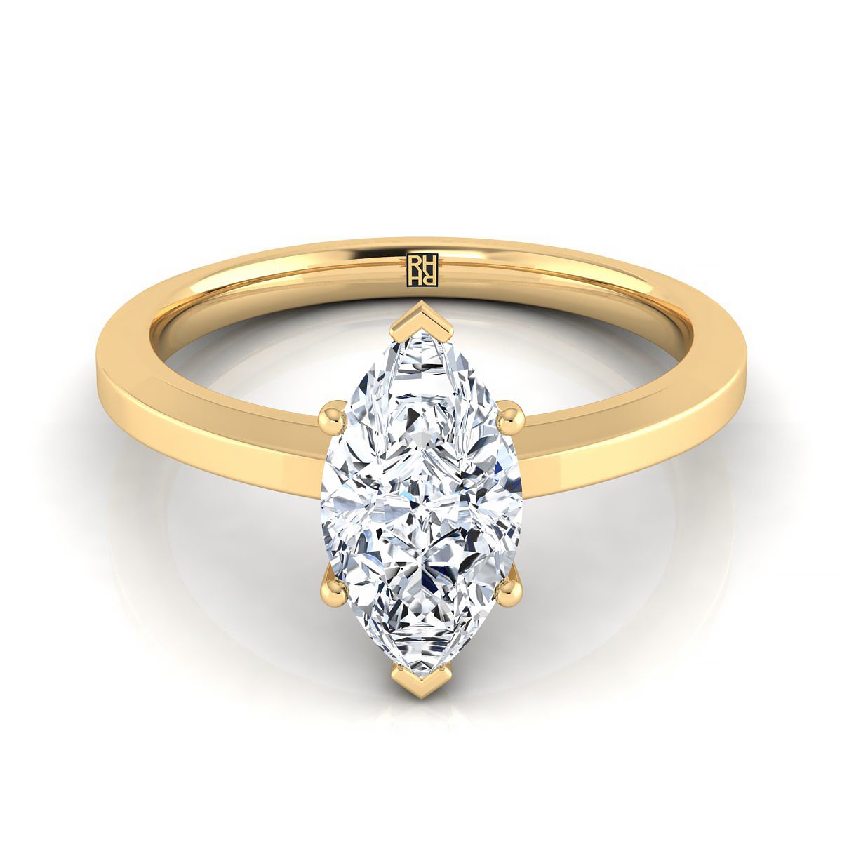 14K Yellow Gold Marquise Beveled Edge Comfort Style แหวนหมั้นเล่นไพ่คนเดียวผิวสว่างสดใส