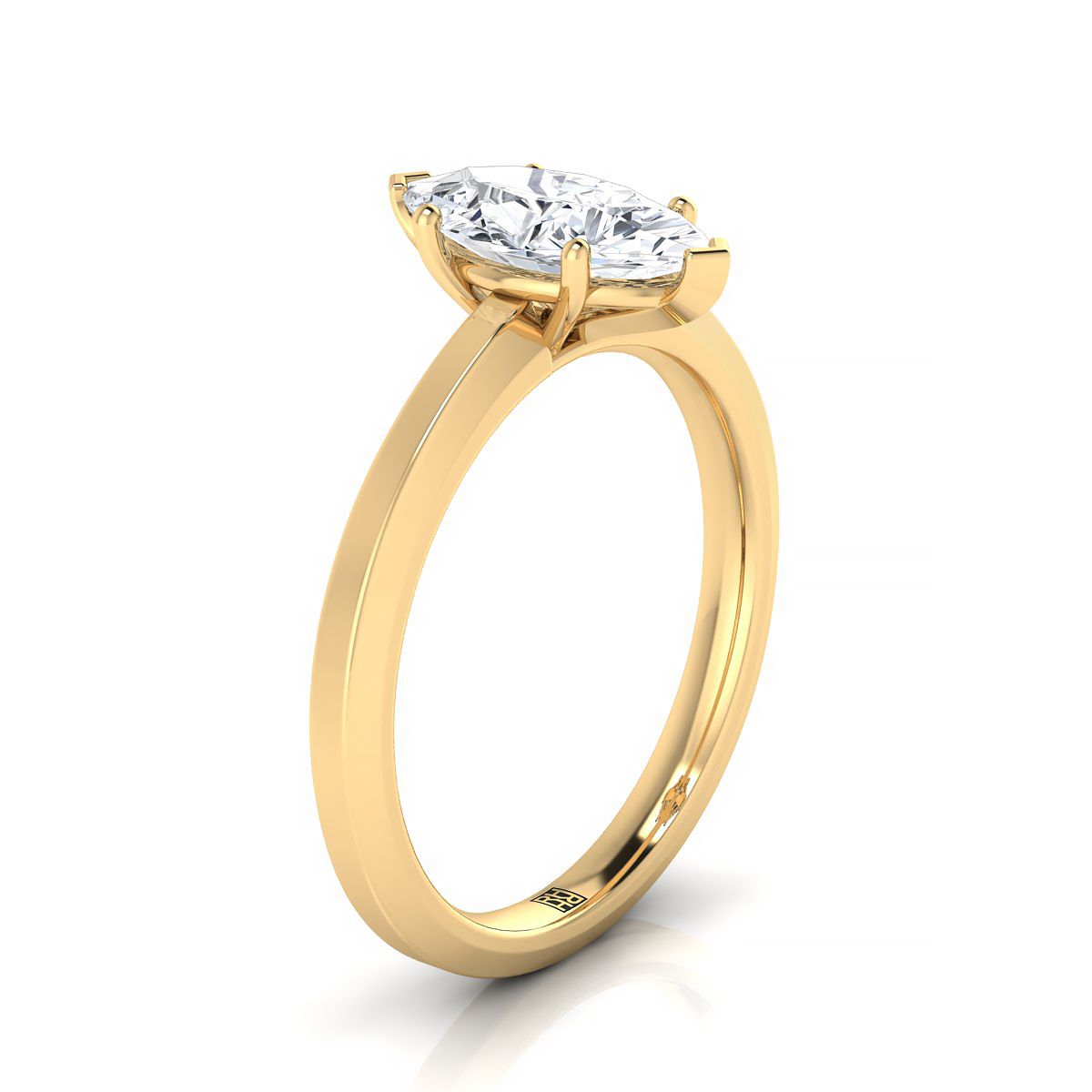 14K Yellow Gold Marquise Beveled Edge Comfort Style แหวนหมั้นเล่นไพ่คนเดียวผิวสว่างสดใส