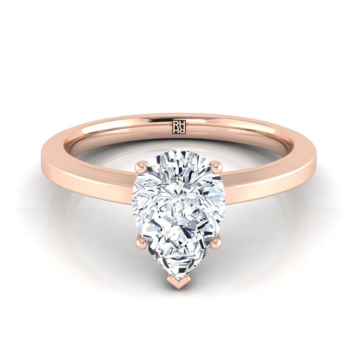 14K Rose Gold Pear Shape Center Beveled Edge Comfort Style Bright Finish Solitaire Engagement Ring