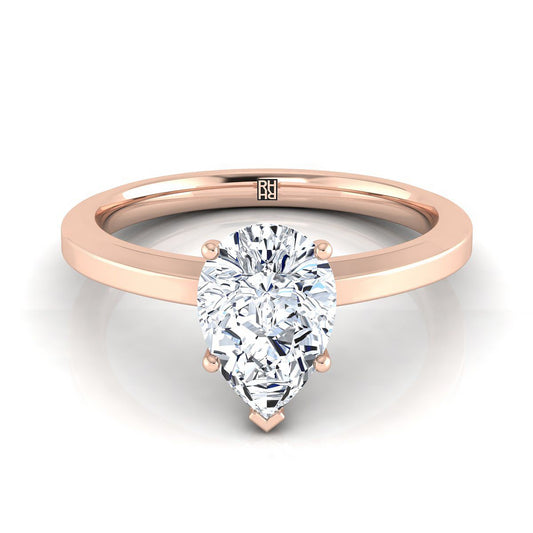 14K Rose Gold Pear Shape Center Beveled Edge Comfort Style Bright Finish Solitaire Engagement Ring