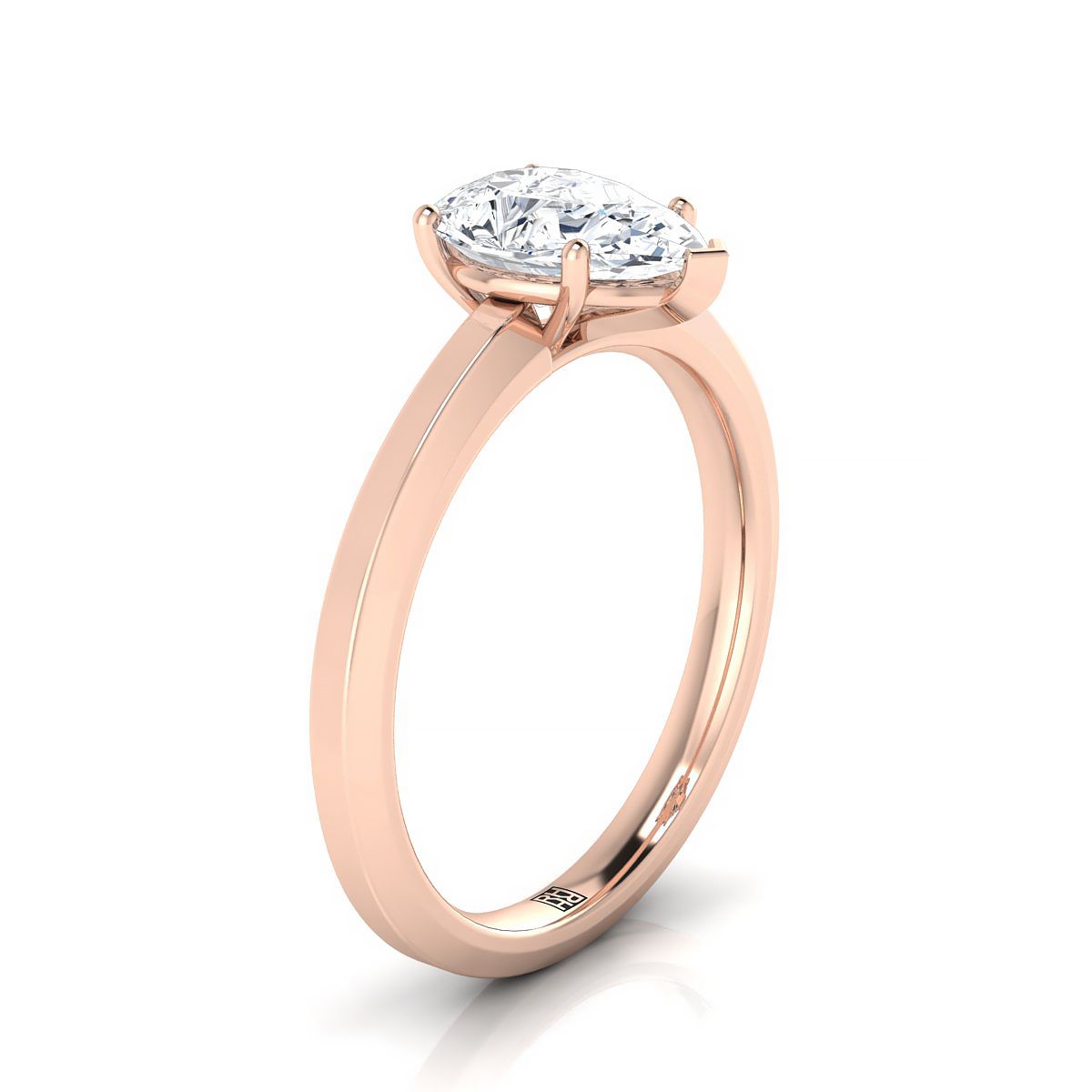 14K Rose Gold Pear Shape Center Beveled Edge Comfort Style Bright Finish Solitaire Engagement Ring