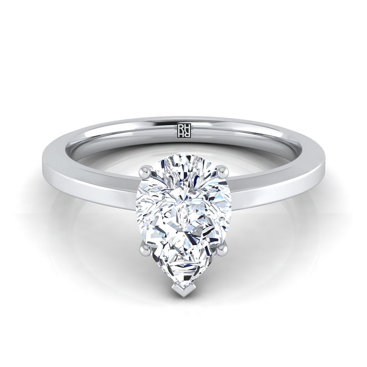 18K White Gold Pear Shape Center Beveled Edge Comfort Style Bright Finish Solitaire Engagement Ring