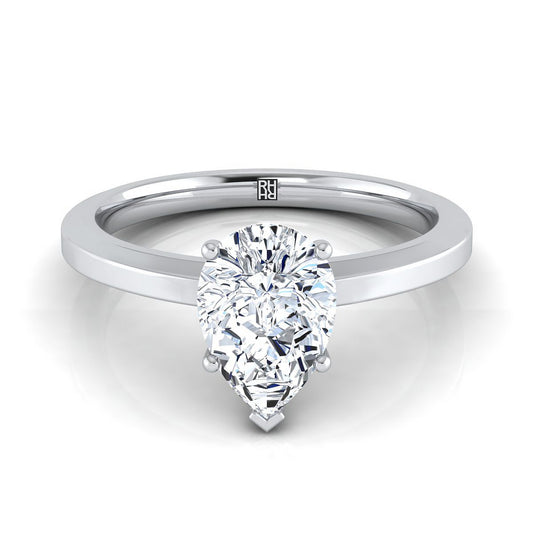 14K White Gold Pear Shape Center Beveled Edge Comfort Style Bright Finish Solitaire Engagement Ring