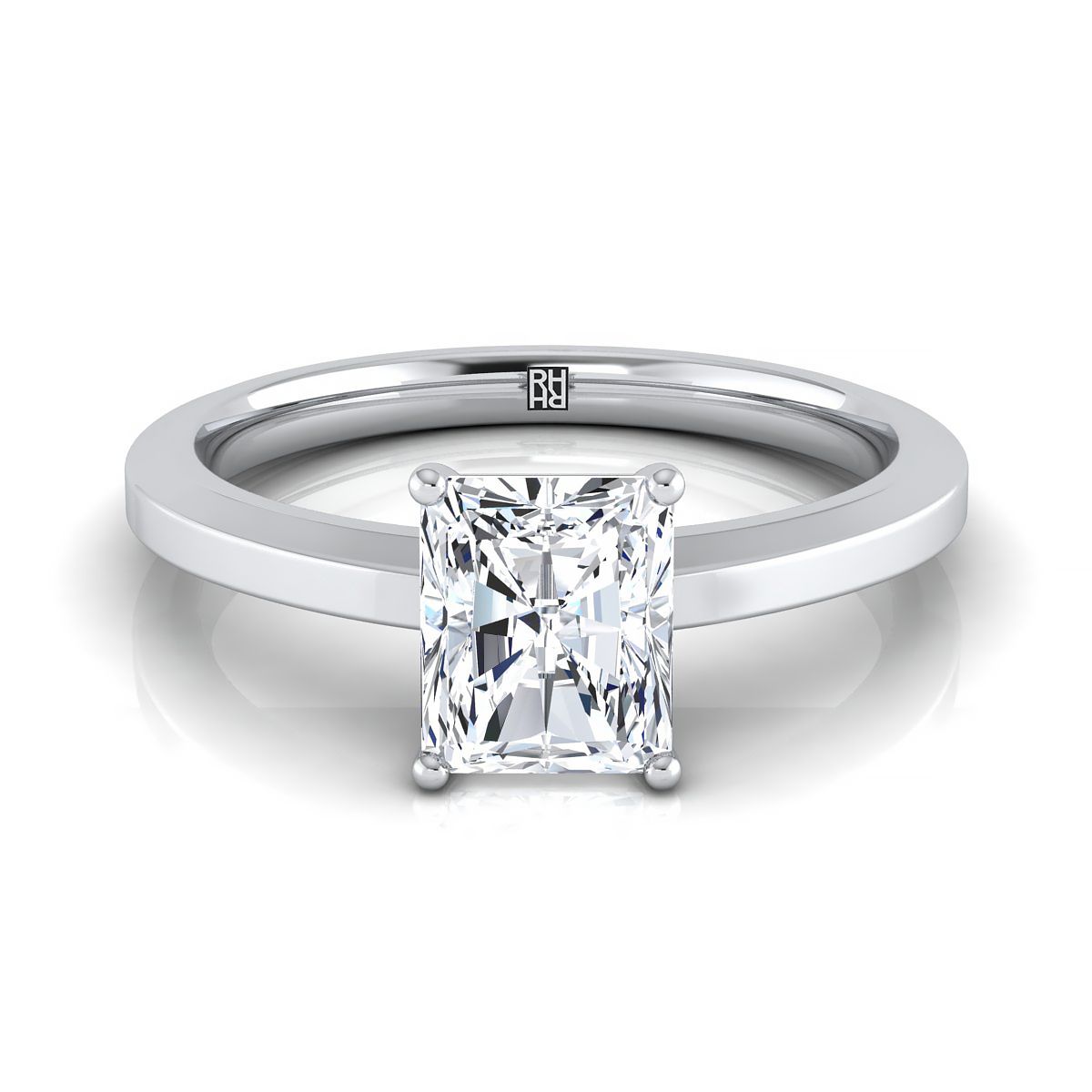 14K White Gold Radiant Cut Center Beveled Edge Comfort Style Bright Finish Solitaire Engagement Ring