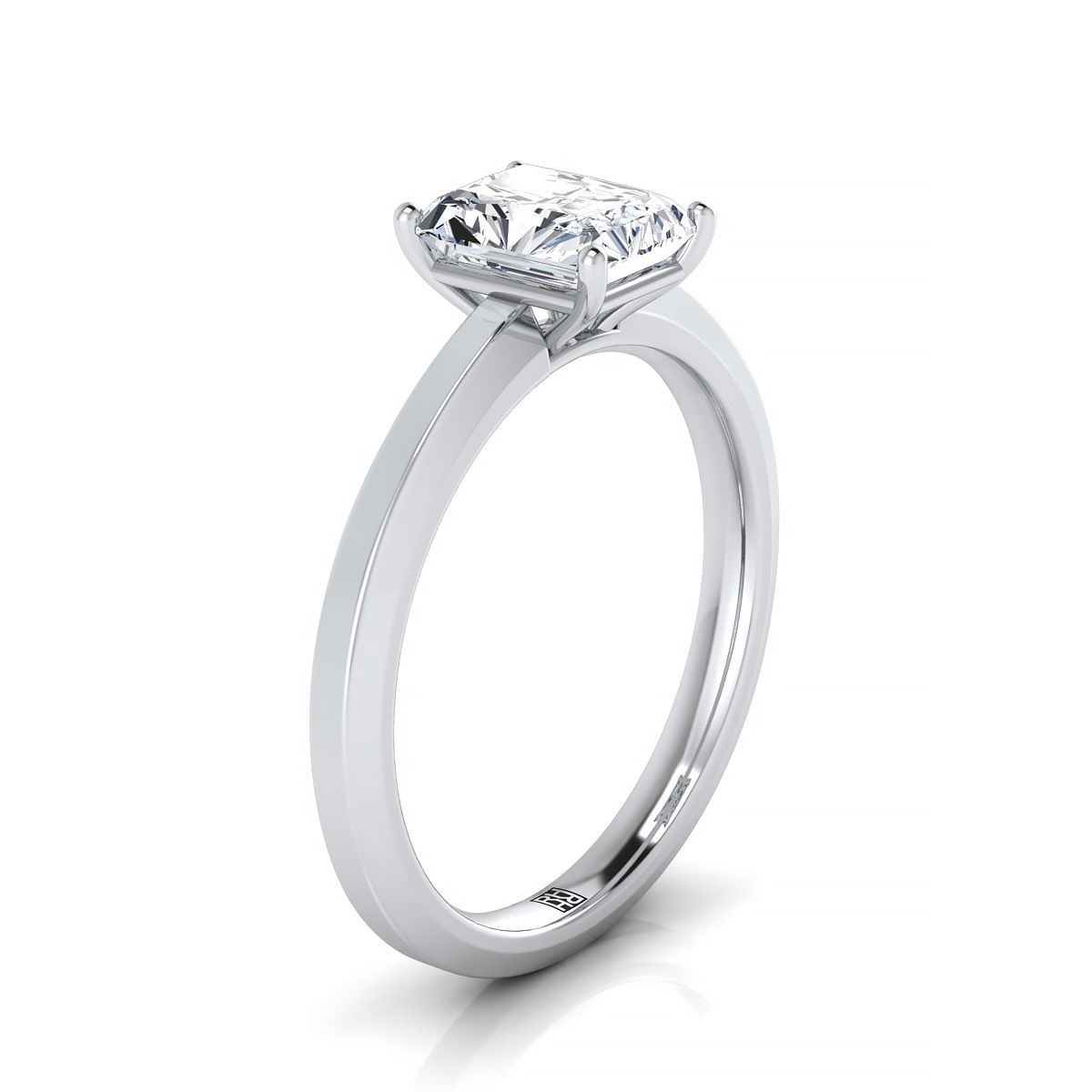 14K White Gold Radiant Cut Center Beveled Edge Comfort Style Bright Finish Solitaire Engagement Ring