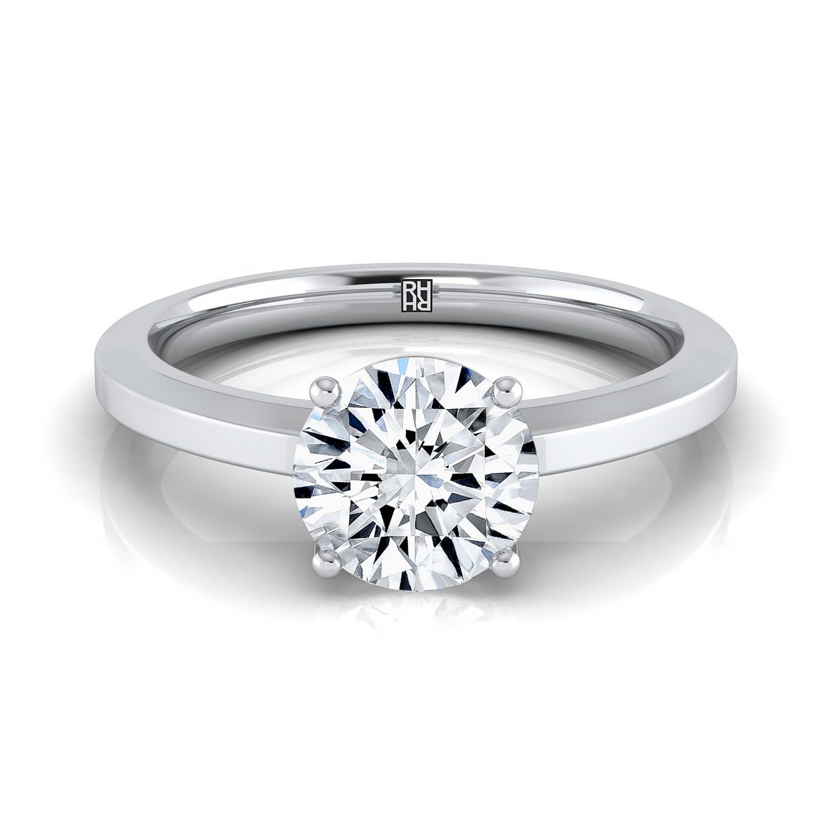 14K White Gold Round Brilliant Beveled Edge Comfort Style Bright Finish Solitaire Engagement Ring