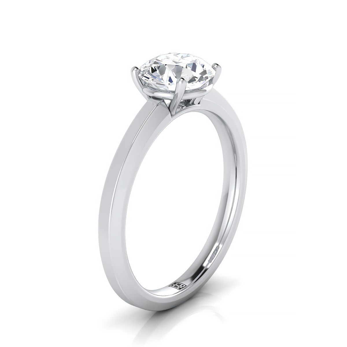 18K White Gold Round Brilliant Beveled Edge Comfort Style Bright Finish Solitaire Engagement Ring