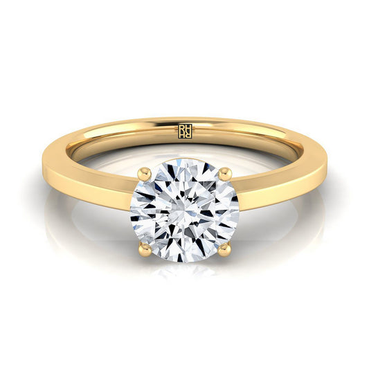 18K Yellow Gold Round Brilliant Beveled Edge Comfort Style Bright Finish Solitaire Engagement Ring