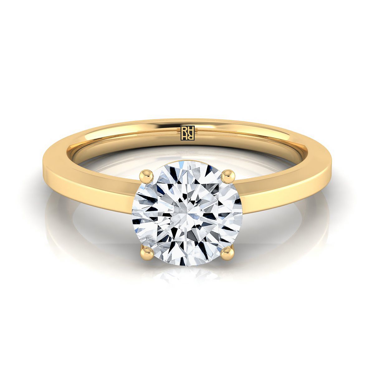 14K Yellow Gold Round Brilliant Beveled Edge Comfort Style Bright Finish Solitaire Engagement Ring