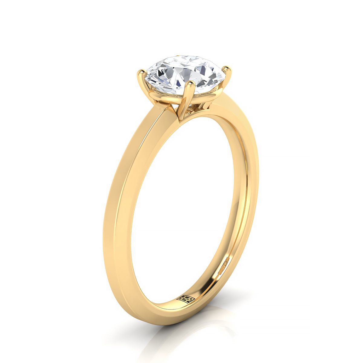 18K Yellow Gold Round Brilliant  Beveled Edge Comfort Style Bright Finish Solitaire Engagement Ring