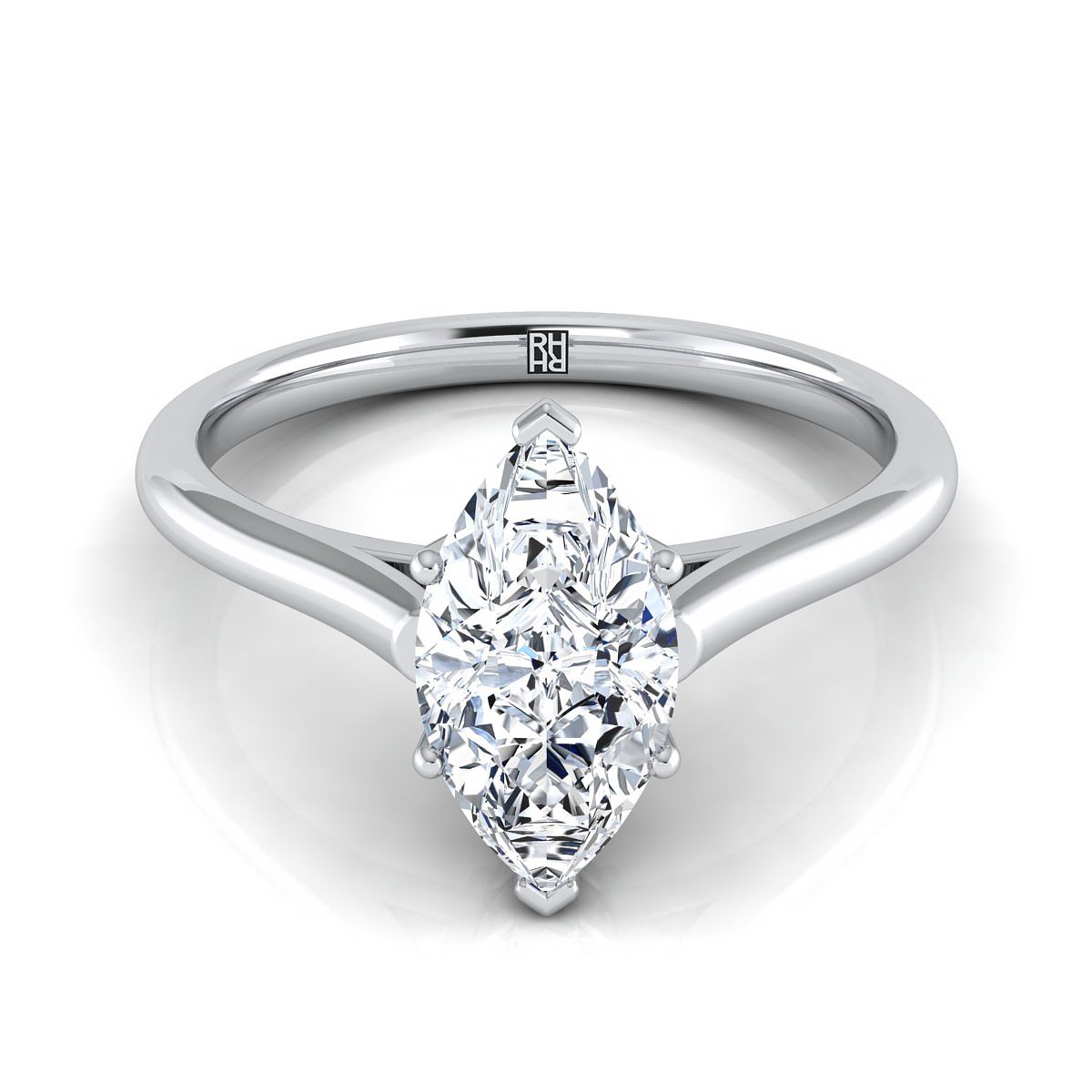 แหวนหมั้นเพชร 18K White Gold Marquise Cathedral สไตล์ Comfort Fit Solitaire