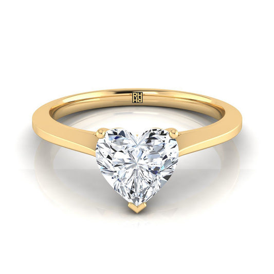 18K Yellow Gold Heart Shape Center  Timeless Solitaire Comfort Fit Engagement Ring