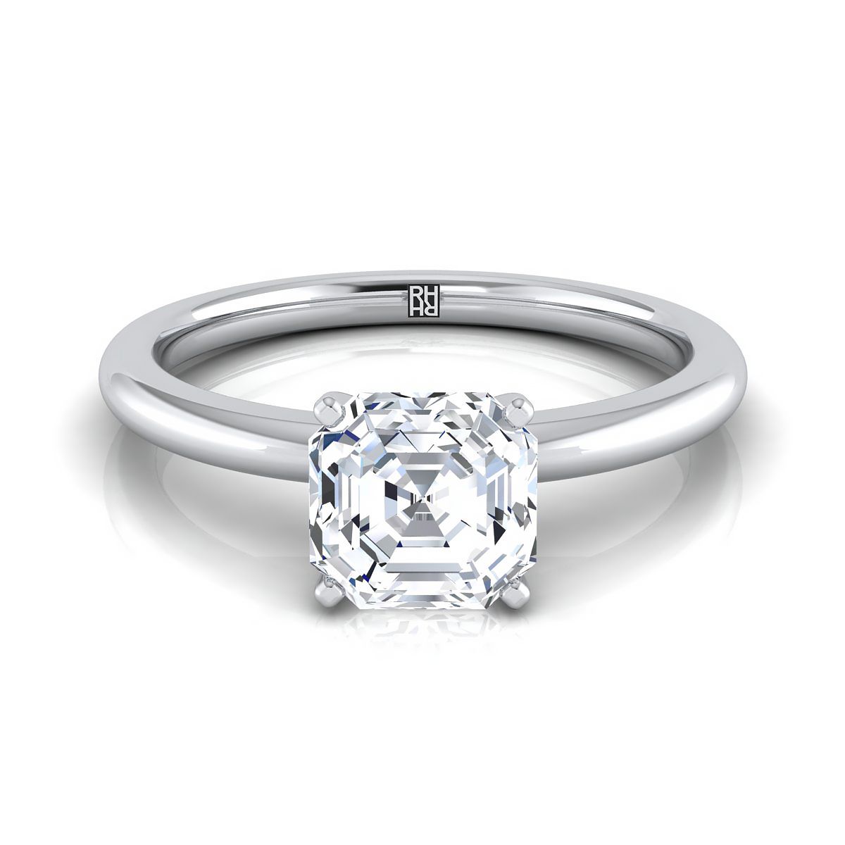 แหวนหมั้นทองคำขาว 18K Asscher Cut Round Comfort Fit Claw Prong Solitaire