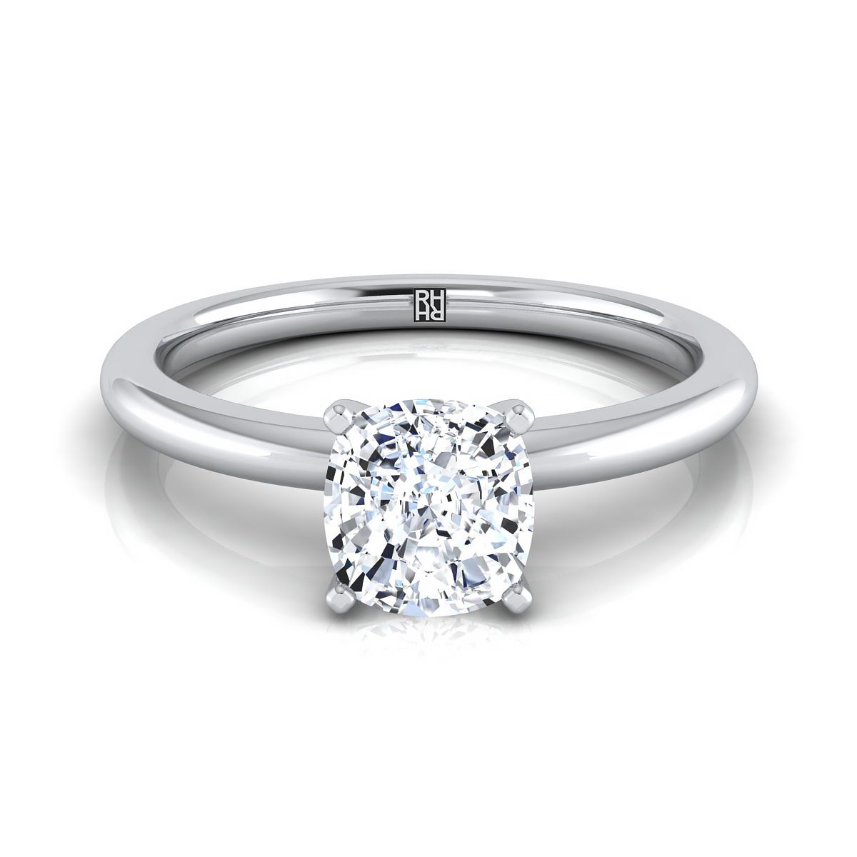 แหวนหมั้นเพชร 18K White Gold Cushion Round Comfort Fit Claw Prong Solitaire