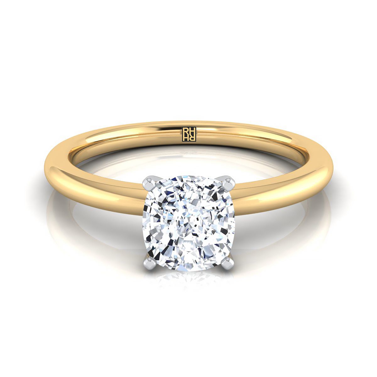 แหวนหมั้นเพชร 18K Yellow Gold Cushion Round Comfort Fit Claw Prong Solitaire