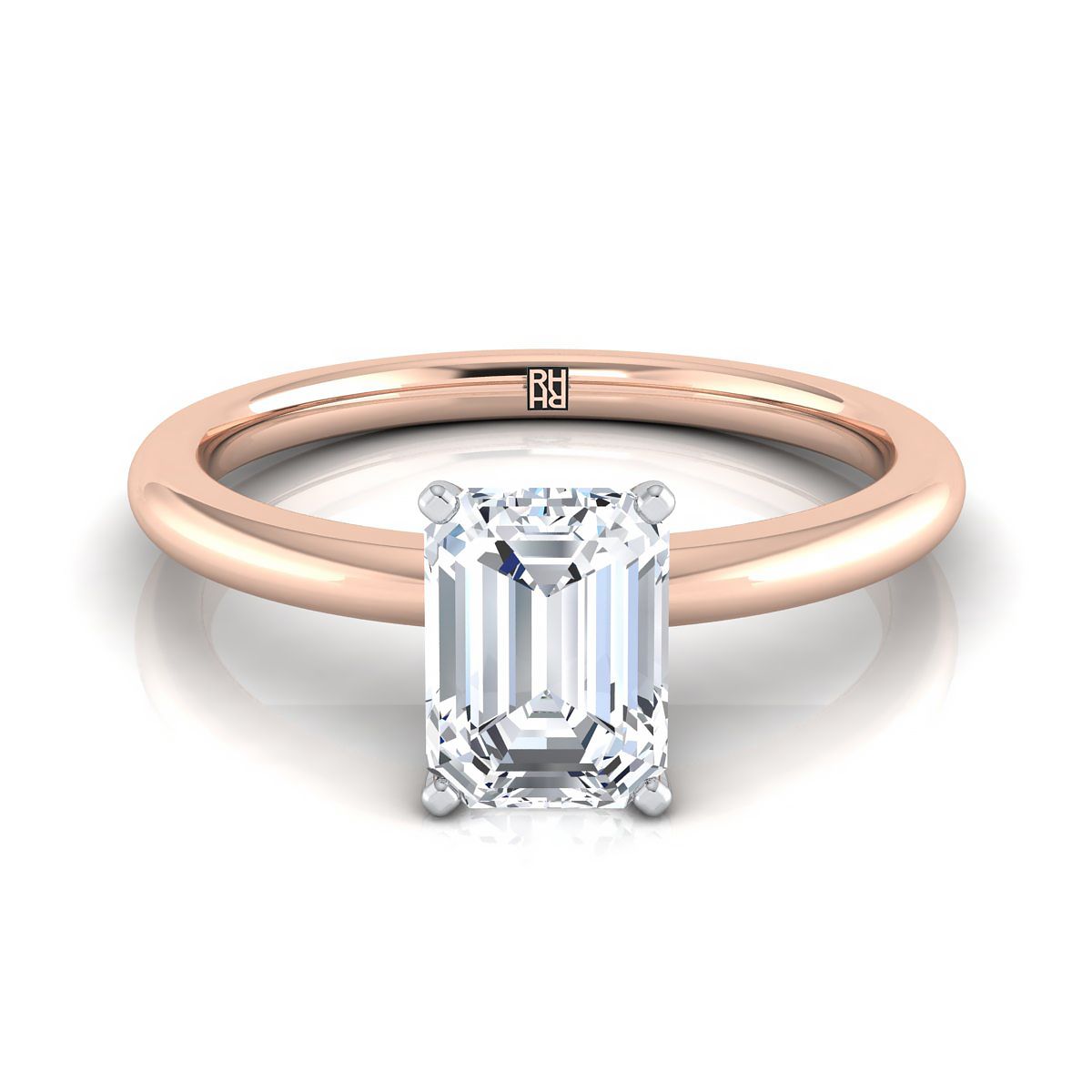 แหวนหมั้นเพชร 14K Rose Gold Emerald Cut Comfort Fit Claw Prong Solitaire