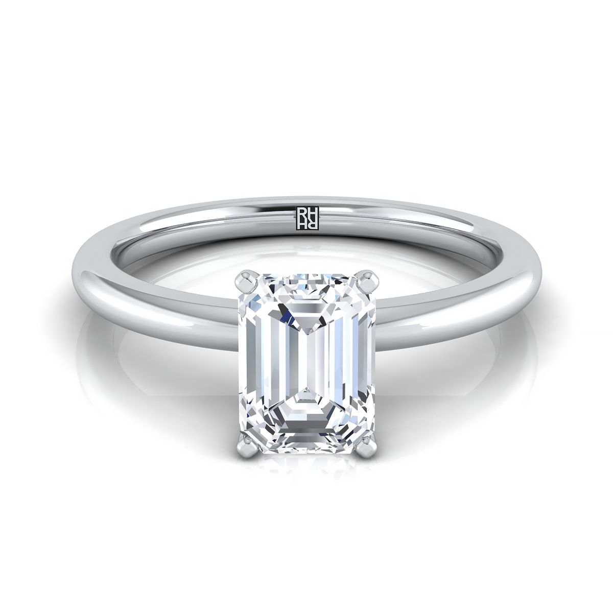 แหวนหมั้นเพชร 18K White Gold Emerald Cut Comfort Fit Claw Prong Solitaire