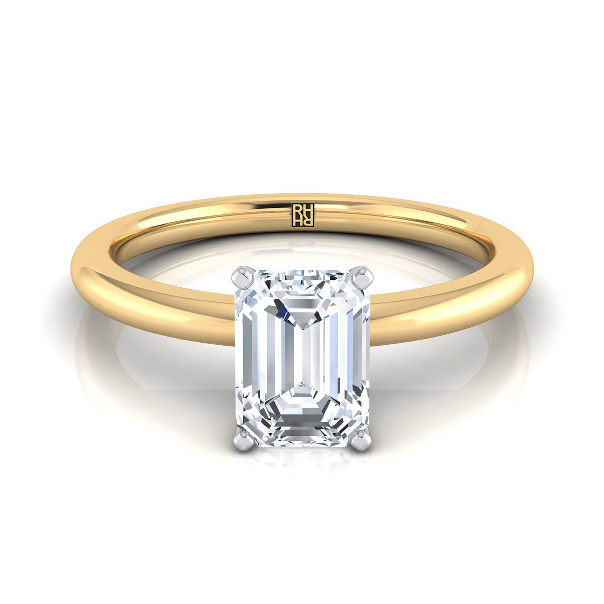 18K Yellow Gold Emerald Cut Round Comfort Fit Claw Prong Solitaire แหวนหมั้น