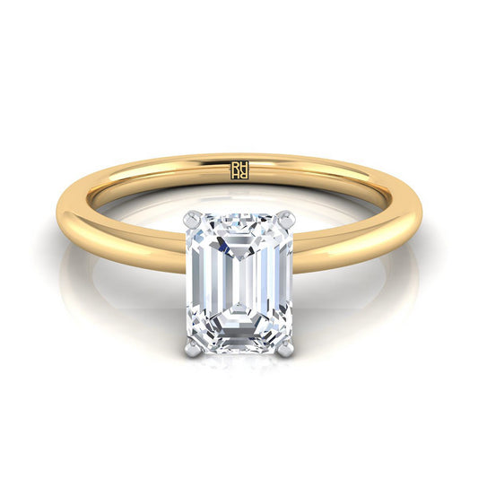 18K Yellow Gold Emerald Cut Round Comfort Fit Claw Prong Solitaire แหวนหมั้น