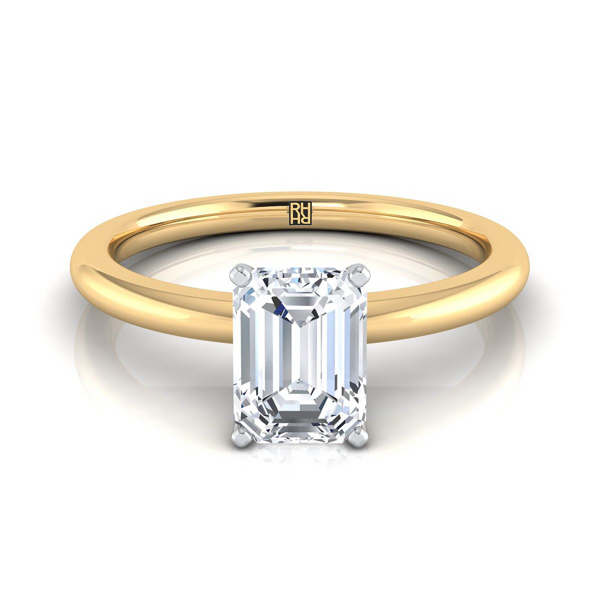 14K Yellow Gold Emerald Cut Round Comfort Fit Claw Prong Solitaire แหวนหมั้น