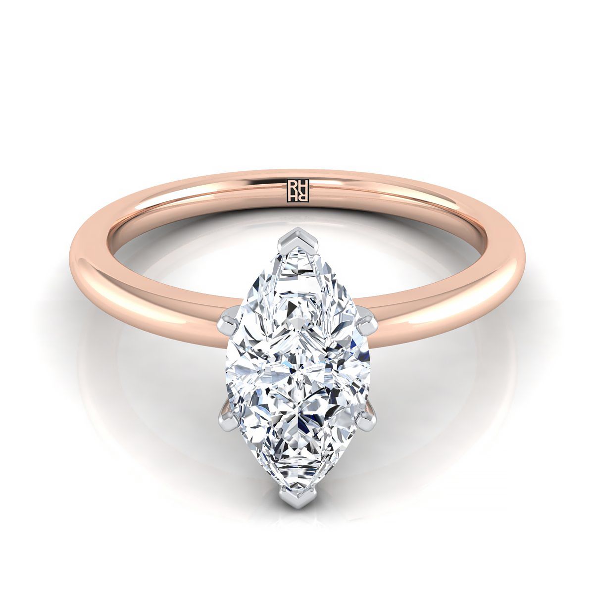 แหวนหมั้นเพชร 14K Rose Gold Marquise Round Comfort Fit Claw Prong Solitaire