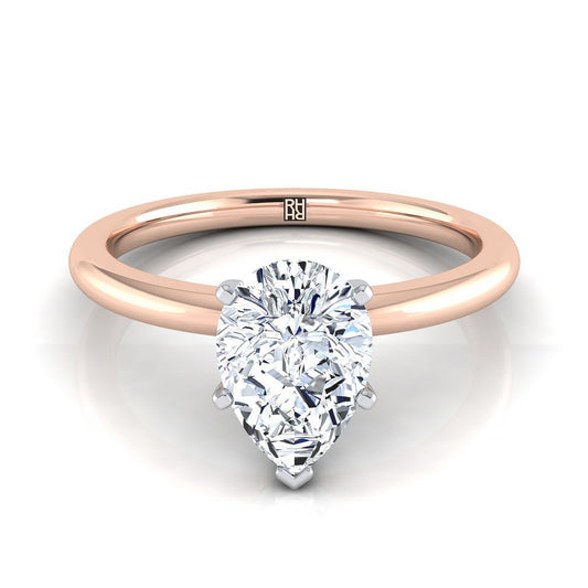 แหวนหมั้นเพชร 14K Rose Gold Pear Shape Center Round Comfort Fit Claw Prong Solitaire