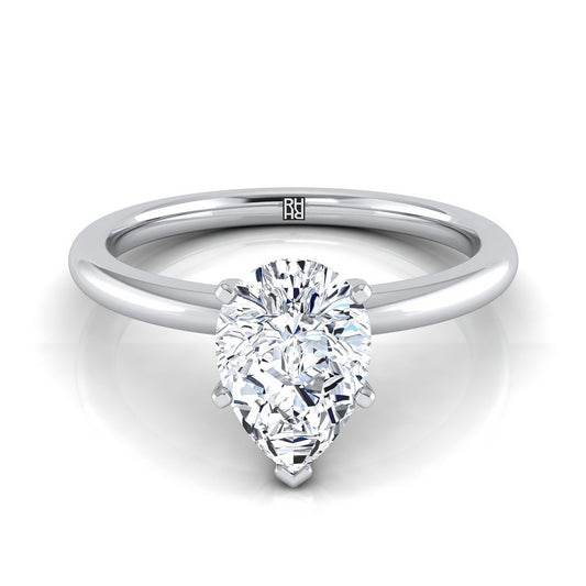 แหวนหมั้นเพชร 18K White Gold Pear Shape Center Round Comfort Fit Claw Prong Solitaire