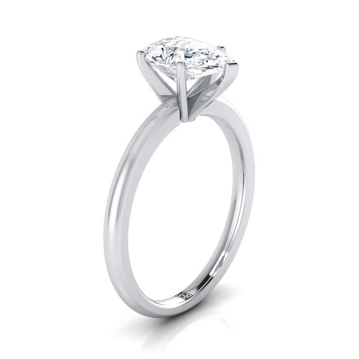 แหวนหมั้นเพชร 18K White Gold Pear Shape Center Round Comfort Fit Claw Prong Solitaire