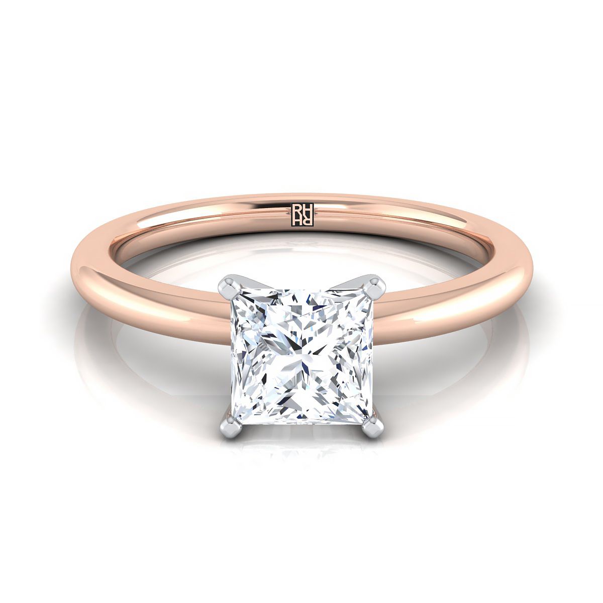 14K Rose Gold Princess Cut Round Comfort Fit Claw Prong Solitaire แหวนหมั้น