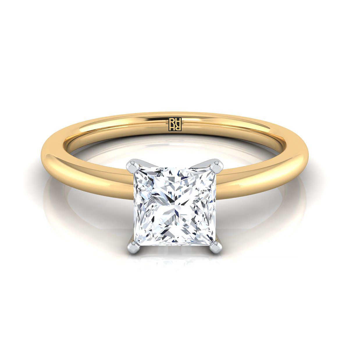 แหวนหมั้นทอง 18K ทรง Princess Cut Round Comfort Fit Claw Prong Solitaire