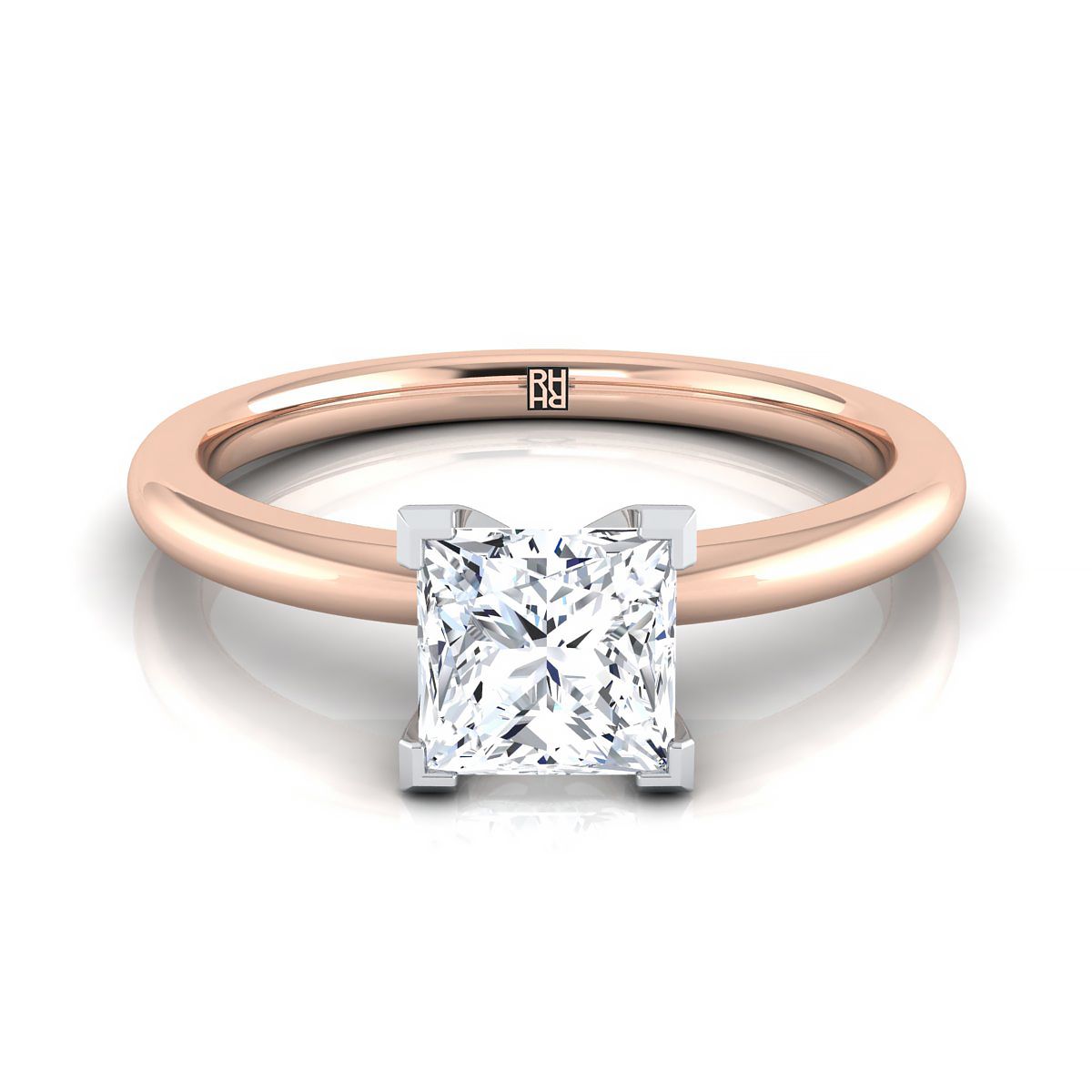 14K Rose Gold Princess Cut Round Comfort Fit Claw Prong Solitaire แหวนหมั้น