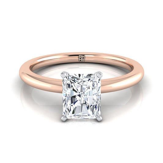 แหวนหมั้นเพชร 14K Rose Gold Radiant Cut Center Round Comfort Fit Claw Prong Solitaire