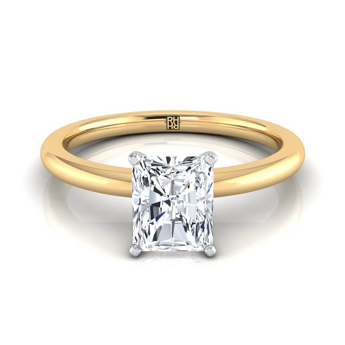 แหวนหมั้นเพชร 18K Yellow Gold Radiant Cut Center Round Comfort Fit Claw Prong Solitaire