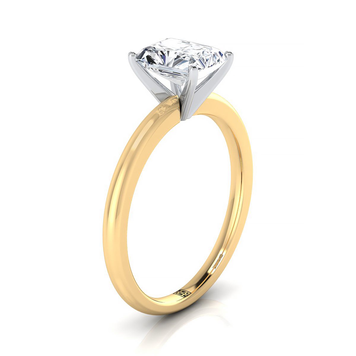 แหวนหมั้นเพชร 18K Yellow Gold Radiant Cut Center Round Comfort Fit Claw Prong Solitaire