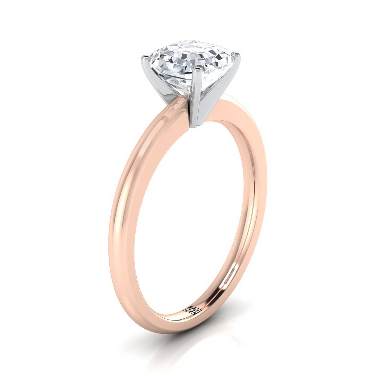 แหวนหมั้นเพชร 14K Rose Gold Asscher Cut Round Comfort Fit Claw Prong Solitaire