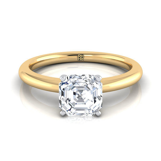 18K Yellow Gold Asscher Cut  Round Comfort Fit Claw Prong Solitaire Engagement Ring