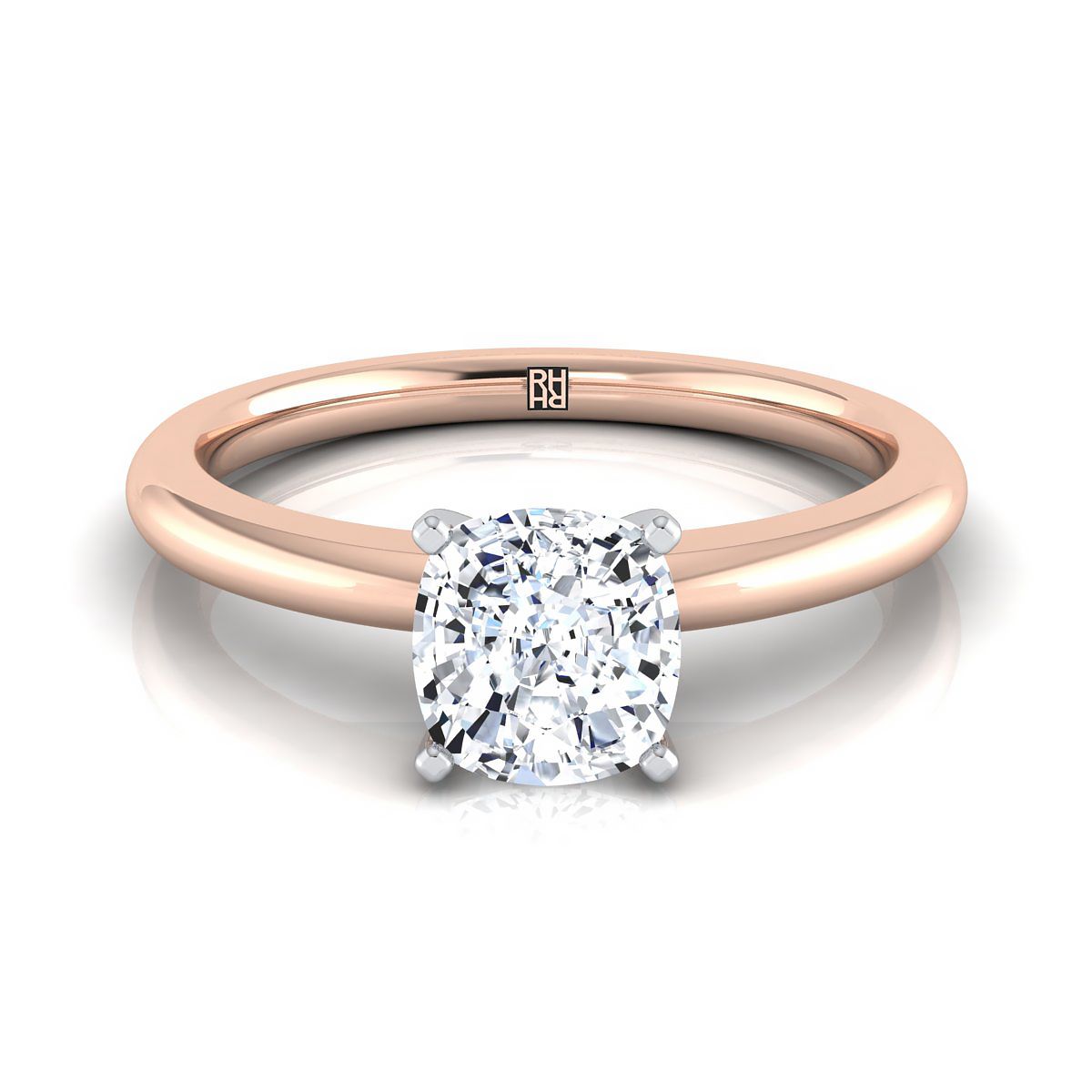 14K Rose Gold Cushion Round Comfort Fit Claw Prong Solitaire แหวนหมั้น