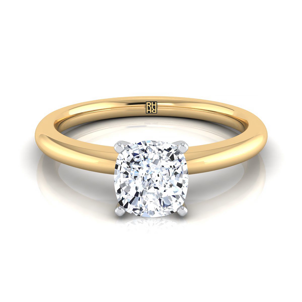 แหวนหมั้นเพชร 18K Yellow Gold Cushion Round Comfort Fit Claw Prong Solitaire