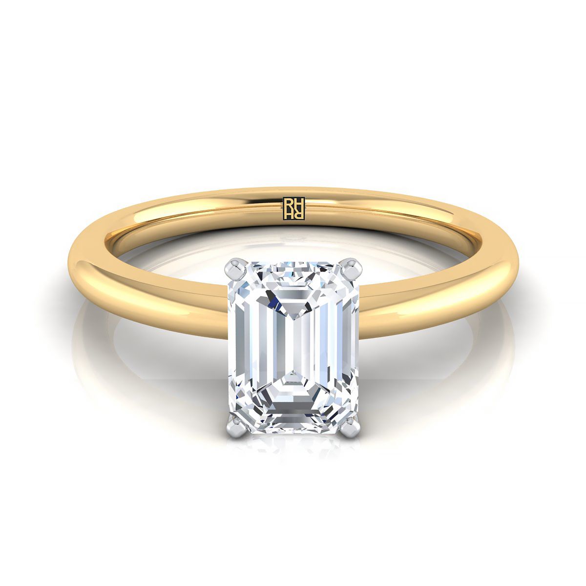 18K Yellow Gold Emerald Cut Round Comfort Fit Claw Prong Solitaire แหวนหมั้น