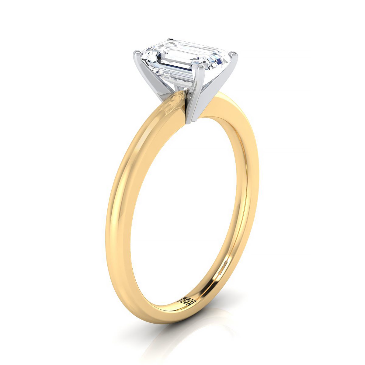 18K Yellow Gold Emerald Cut Round Comfort Fit Claw Prong Solitaire แหวนหมั้น